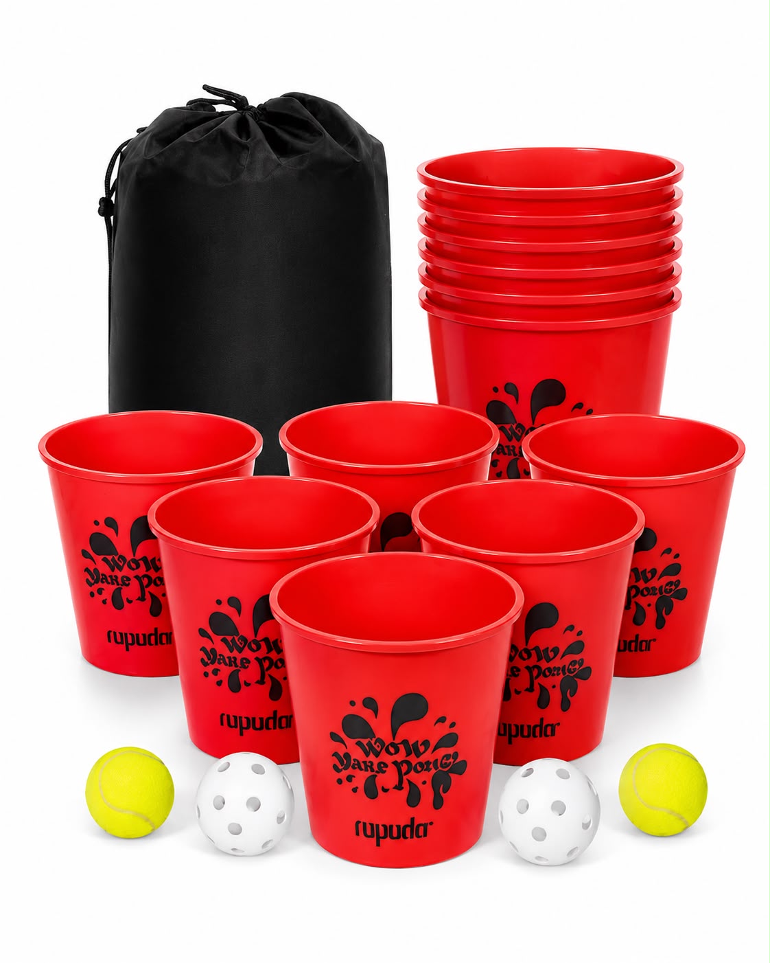 Giant Pong con vasos rojos, pelotas y bolso de transporte