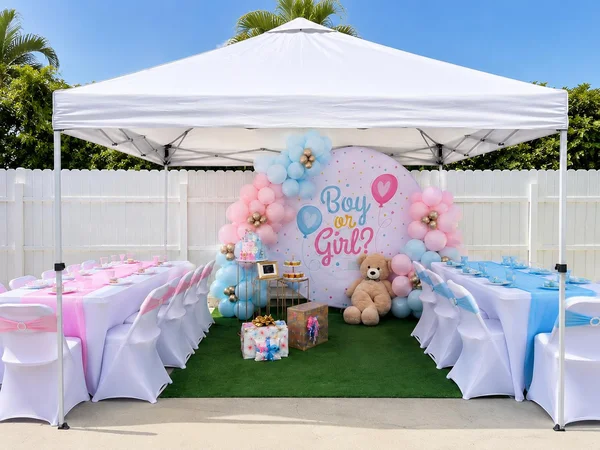 Carpa 10x10 blanca montada para decoración de revelación de género con globos rosa y azul
