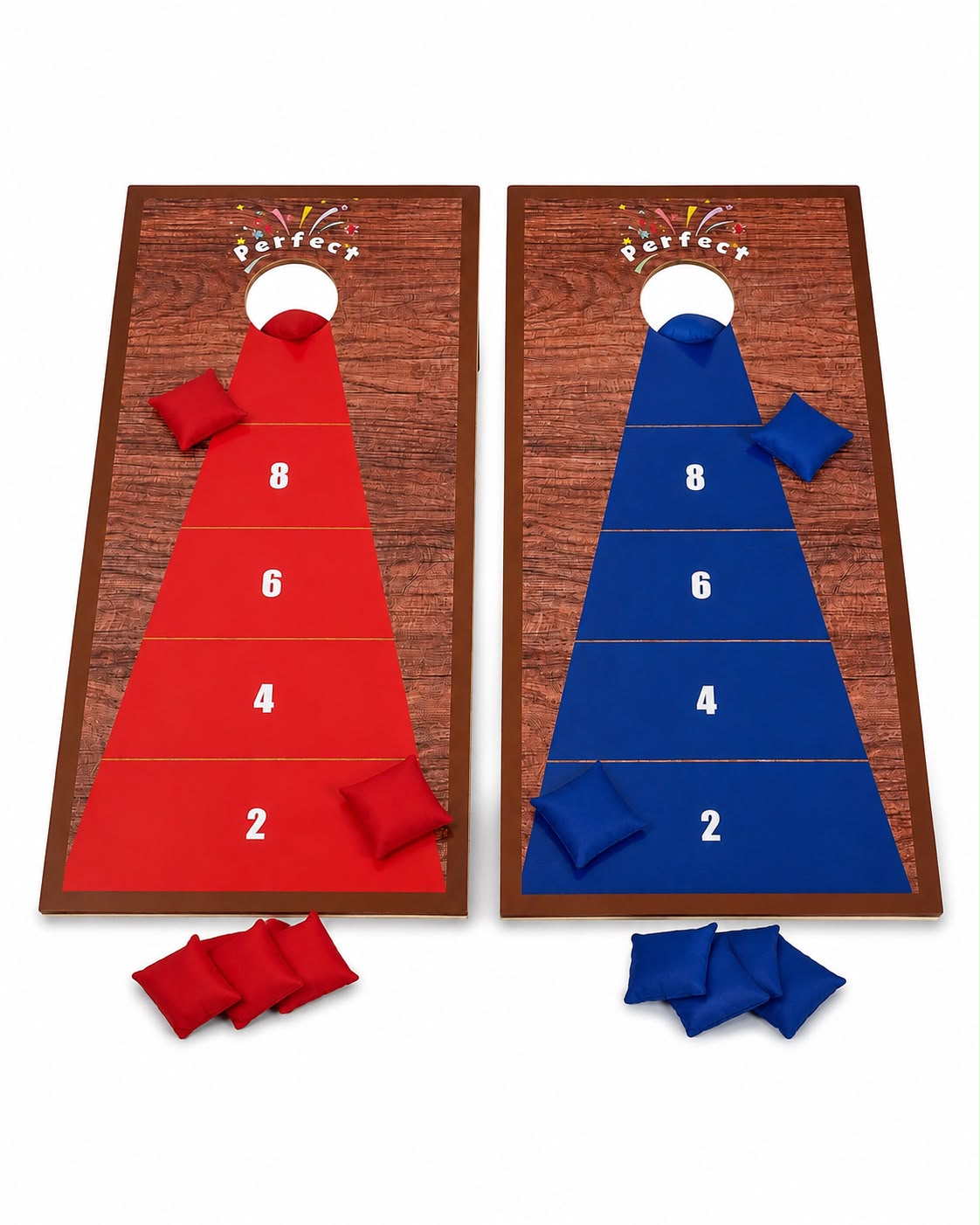 Juego de Cornhole gigante con tableros de madera y bolsas rojas y azules