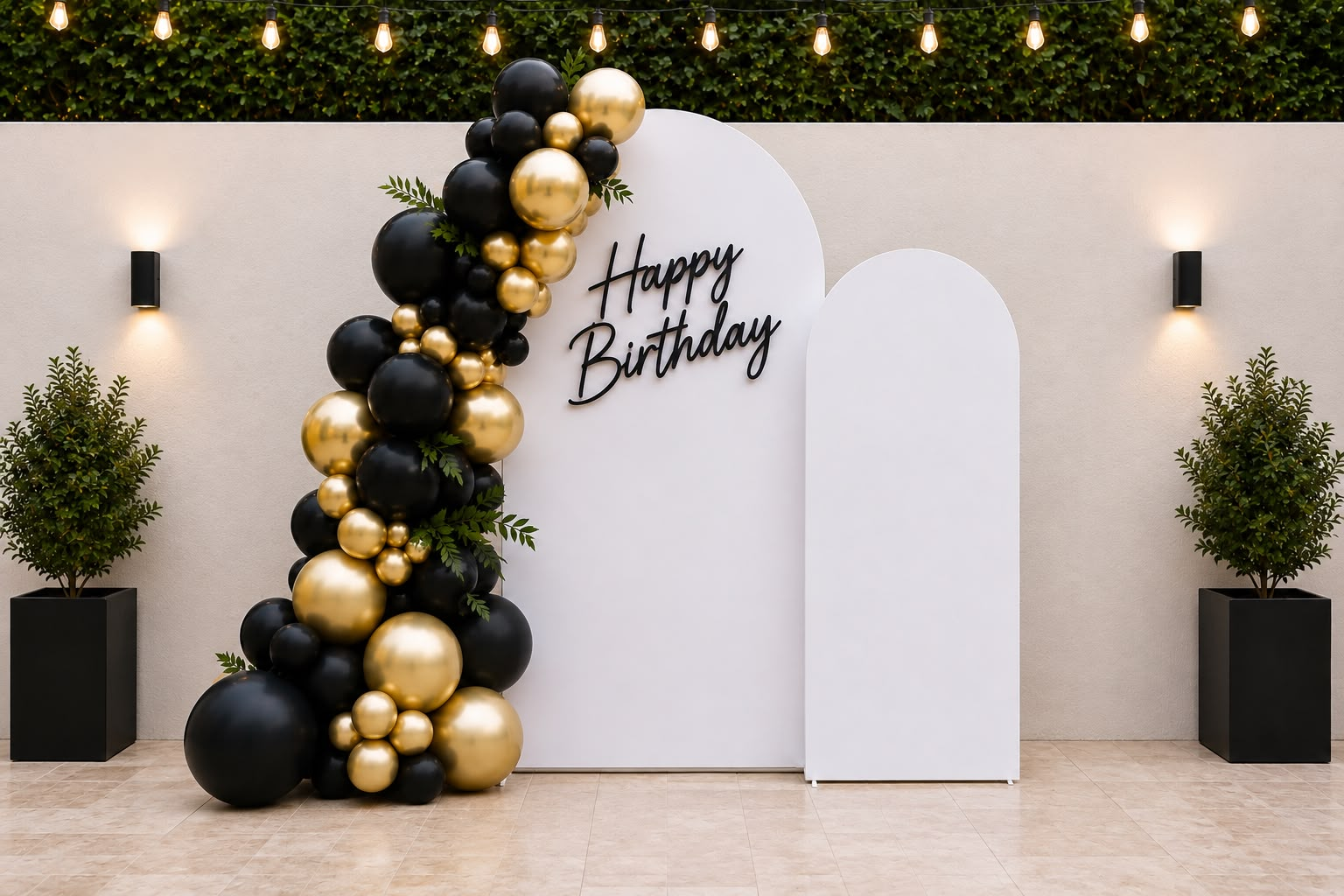 Paneles blancos con guirnalda orgánica de globos negros y dorados y letrero Happy Birthday