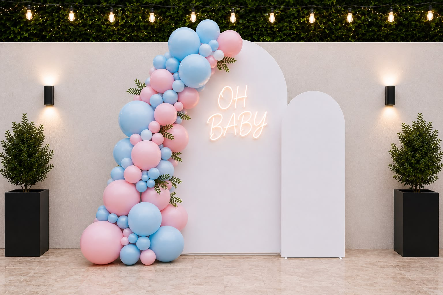 Paneles blancos con guirnalda de globos rosa y azul y letrero neón Oh Baby para revelación de género