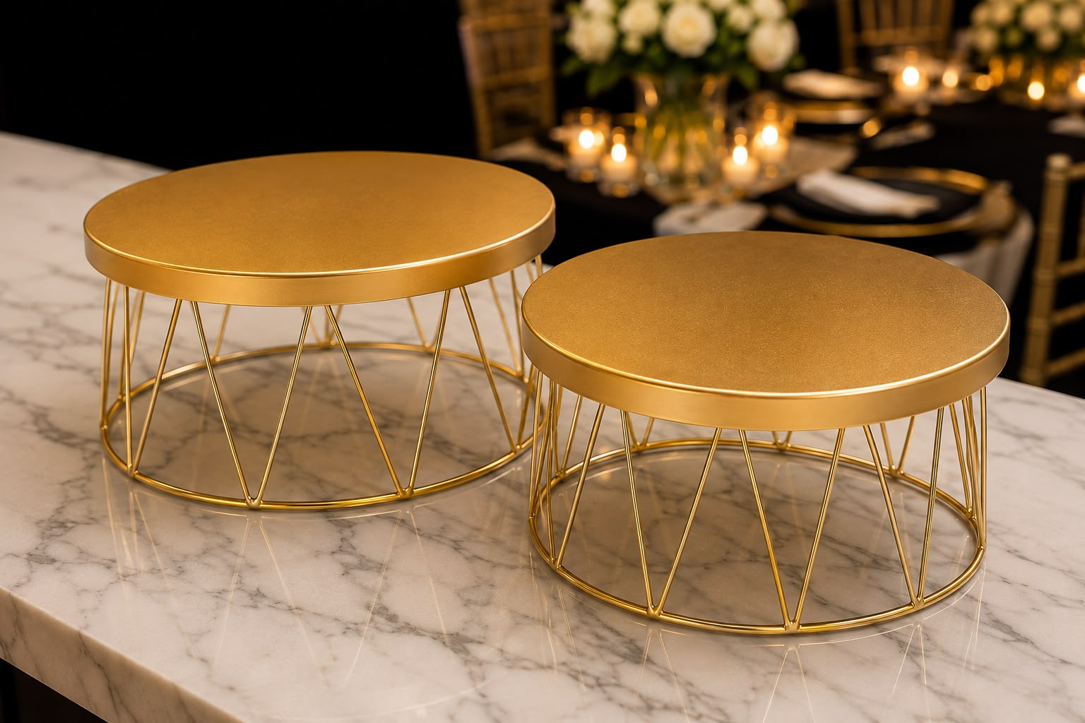 Pedestales dorados redondos para cake sobre mesa de mármol en montaje elegante