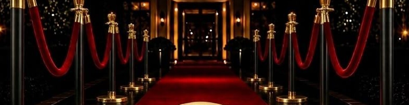 Entrada VIP con alfombra roja, postes dorados y cuerdas de terciopelo
